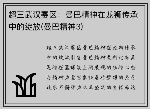 超三武汉赛区：曼巴精神在龙狮传承中的绽放(曼巴精神3)