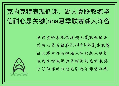 克内克特表现低迷，湖人夏联教练坚信耐心是关键(nba夏季联赛湖人阵容)