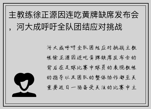 主教练徐正源因连吃黄牌缺席发布会，河大成呼吁全队团结应对挑战